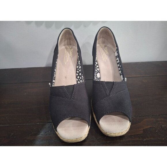 EUC Toms Calypso Black Peep Toe Espadrille Hemp Wedge/Sz. 9 - Picture 5 of 9